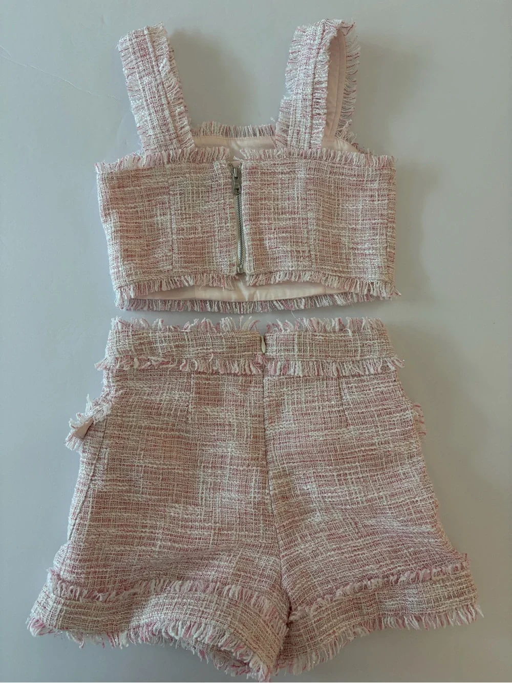 Bardot Junior Gamela Bouclé Set Pink Fringe Tweed Top High Waist Shorts Girls 7